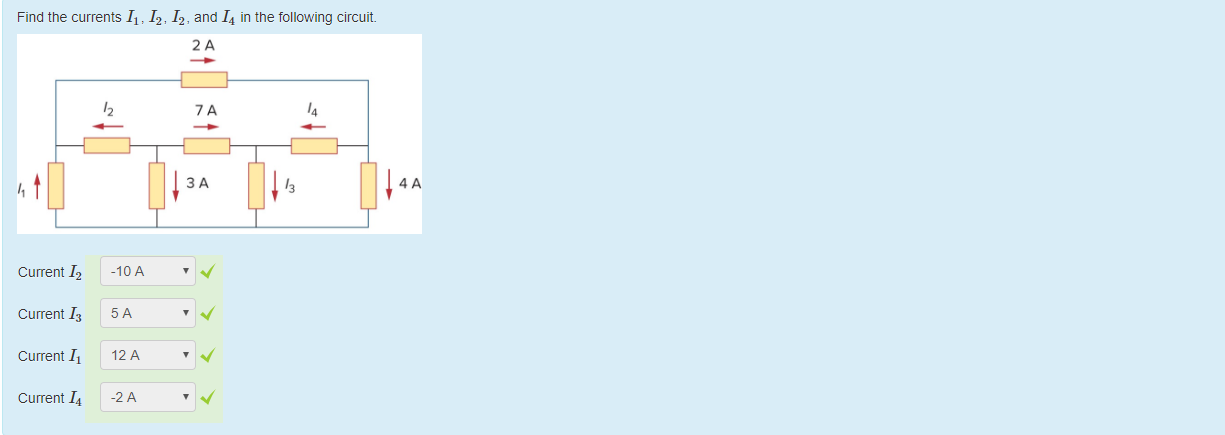Machine generated alternative text:
Find the currents 11, 12, 12, and 14 in the following circuit 
Current 12 
Current 13 
Current 11 
Current 14 
-IOA 
12 A 