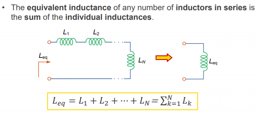 Machine generated alternative text:
• The equivalent inductance of any number of inductors in series is 
the sum of the individual inductances. 
Leq = LI L2 • 
+ LN 