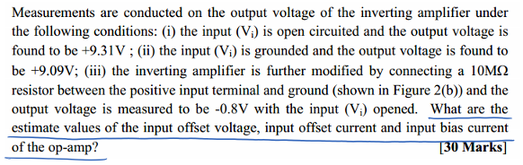 Untitled picture.png Measurements are conducted on the output voltage of the inverting amplifier under 
the following conditions: (i) the input (VD is open circuited and the output voltage is 
found to be +9.31 V ; (ii) the input (Vi) is grounded and the Output voltage is found to 
be +9.09V; (iii) the inverting amplifier is further modified by connecting a IOMQ 
resistor between the positive input terminal and ground (shown in Figure 2(b)) and the 
output voltage is measured to be -0.8V with the input (VD opened. What are the 
estimate values of the input offset voltage, input offset current and input bias current 
Of the op-amp? 
[30 Marks] 
Ink Drawings
Ink Drawings
Ink Drawings
