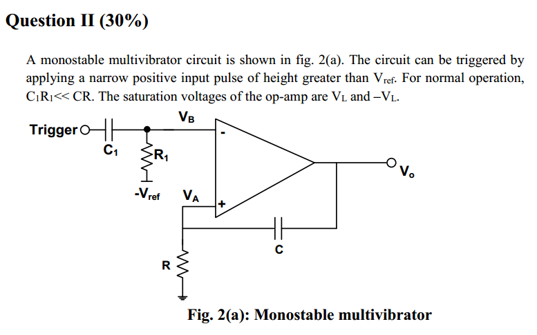 Machine generated alternative text:
Question Il (30%) 
A monostable multivibrator circuit is shown in fig. 2(a). The circuit can be triggered by 
applying a narrow positive input pulse of height greater than Vref. For normal operation, 
CR. The saturation voltages of the op-amp are VL and —VL 
VB 
OH 
Trigger 
RI 
ref 
c 
Fig. 2(a): Monostable multivibrator 