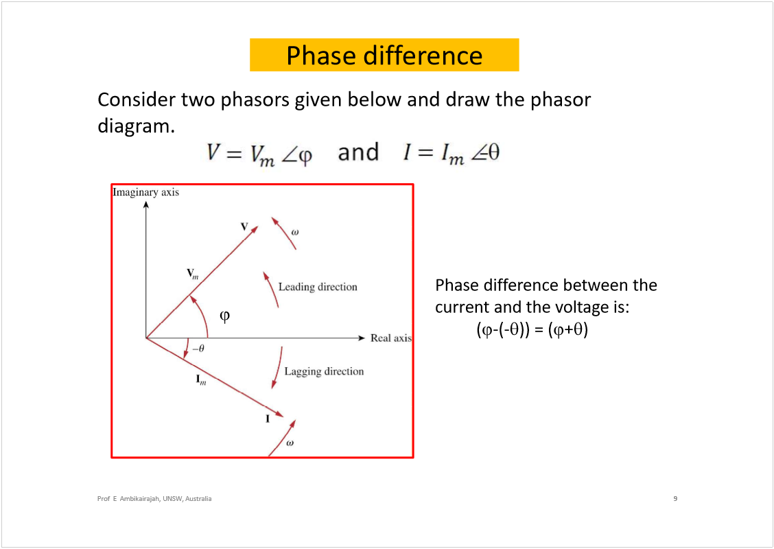 Machine generated alternative text:
Phase difference
Consider two phasors given below and draw the phasor 
diagram. 
9
Prof  E  Ambikairajah, UNSW, Australia
Phase difference between the 
current and the voltage is: 
(
-(-
)) = (
+
)
