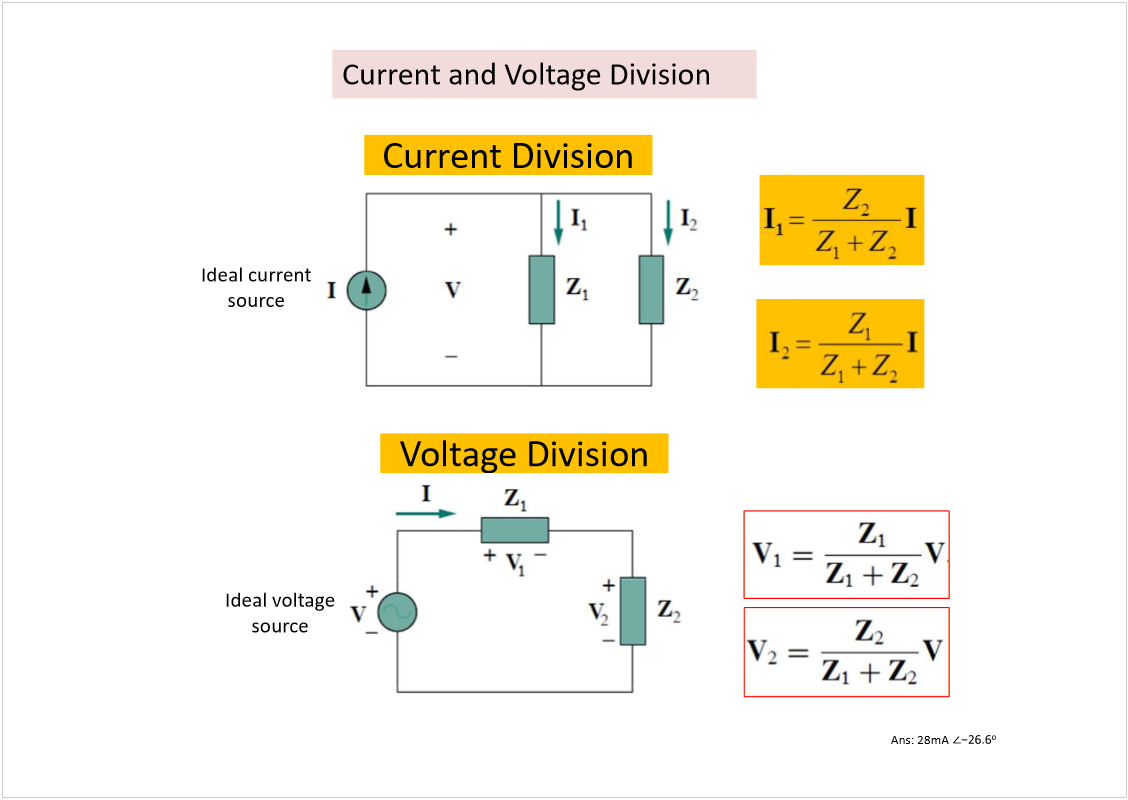 Machine generated alternative text:
Current and Voltage Division
Ans: 28mA
Ideal current 
source
Current Division
Voltage Division
Ideal voltage 
source
