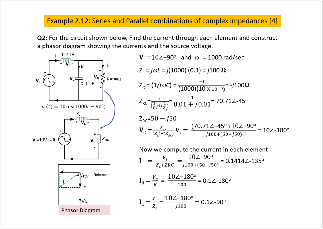 Machine generated alternative text:
Example 2.12: Series and Parallel combinations of complex impedances [4]
Q2: 
For the circuit shown below, Find the current through each element and construct 
a phasordiagram showing the currents and the source voltage.
Ê
·
ã
and  
= 1000 rad/sec
Z
L
= 
j
L
= 
j
(1000) (0.1) = 
j
100
Z
C
= (1/
j
C
) = 
= -
j
100
Z
RC
=
=
= 70.71
-45
o
Z
RC
=
Ê
Ý
ã
= 10
-180
o
Now we compute the current in each element
×
ã  
ã
= 0.1414
-135
o
×
Î
ã 
=  
= 0.1
-180
o
×
Ý
ã 
= 
ã 
0.1
-90
o
I
R
Reference
I
C
-135
o
I
V
L
PhasorDiagram
I
+
-
I
R
I
C
v
i
(
÷ ã ïð
 
øïððð
ó çð
±
÷ 
C=10
F
+
-
V
C
+
-
R=100
V
R
L=0.1H
+
-
V
L
V
i
V
i
=10V
-90
o
X
L
 = j
L
I
+
-
+
-
V
C
+
-
V
L
Z
RC
