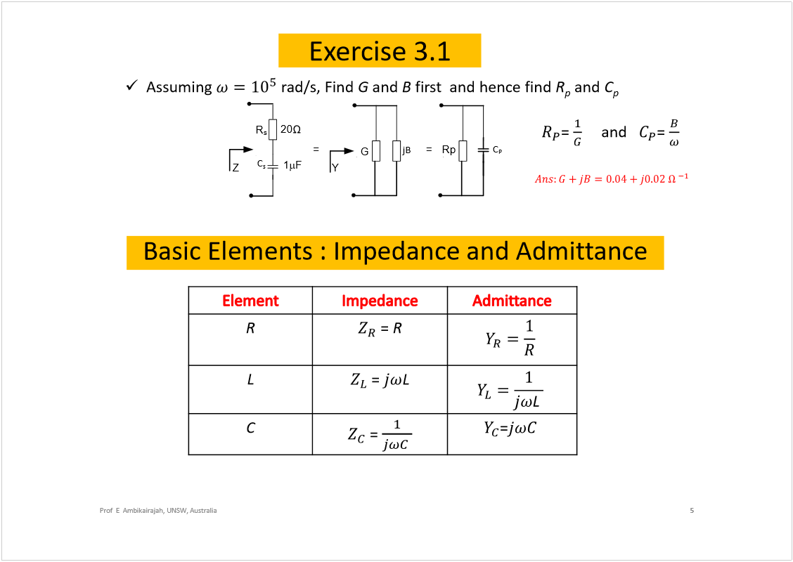 Machine generated alternative text:
Exercise 3.1
5
Prof  E  Ambikairajah, UNSW, Australia
Assuming 
rad/s, Find 
G
and 
B
first  and hence find 
R
p
and 
C
p
jB
G
C
s
R
s
Z
Y
20
1
F
=
=Rp
C
P
= 
and   
= 
Basic Elements : Impedance and Admittance
R
= 
R
L
= 
L
C
= 
=
