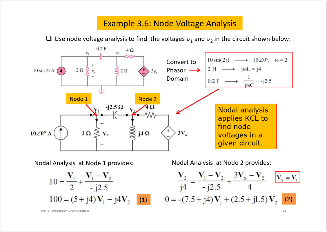 Machine generated alternative text:
Example 3.6: Node Voltage Analysis
18
Prof  E  Ambikairajah, UNSW, Australia
Use node voltage analysis to find  the voltages 
and
in the circuit shown below:
Convert to 
Phasor
Domain
Nodal Analysis  at Node 1 provides: 
(1)
Nodal Analysis  at Node 2 provides: 
Node 1
Node 2
(2)
Nodal analysis 
applies KCL to 
find node 
voltages in a 
given circuit. 
