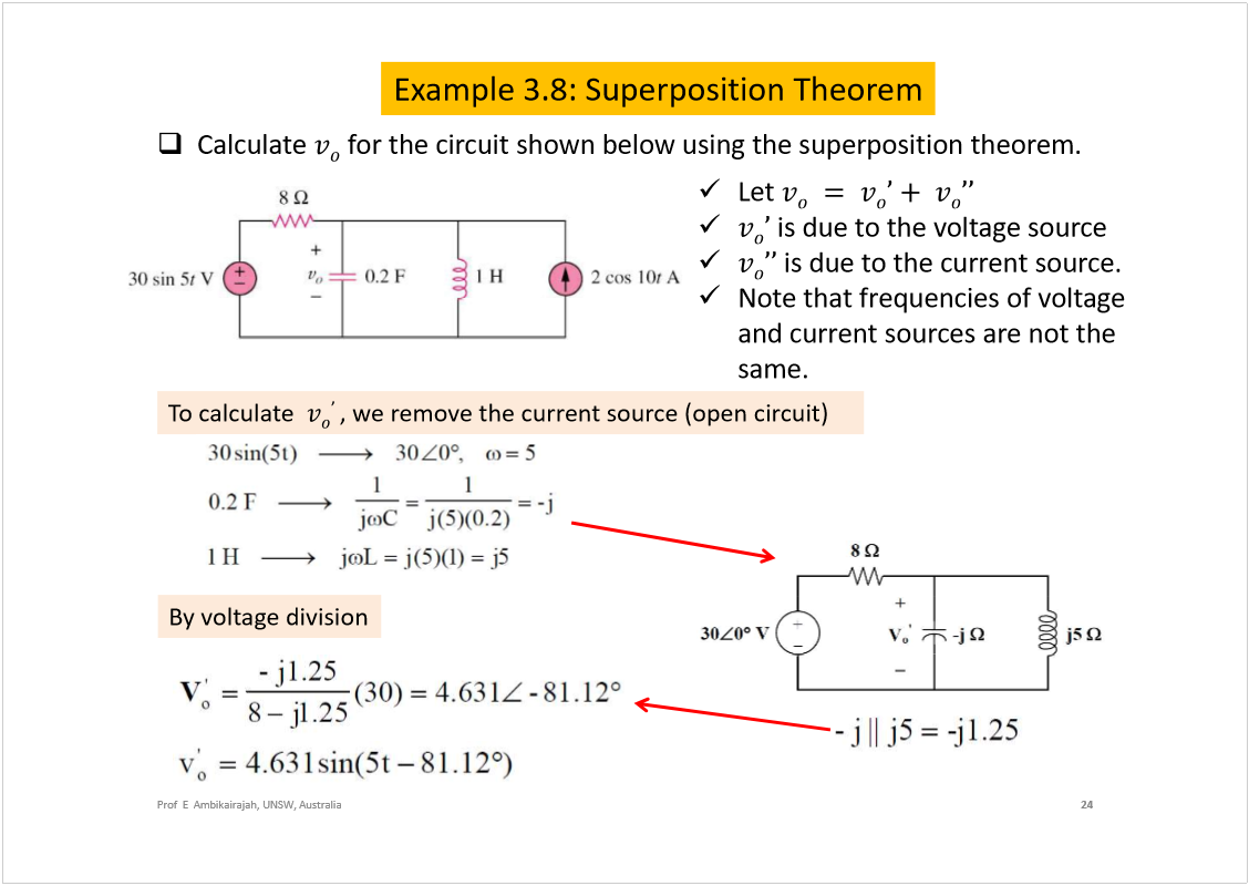 Machine generated alternative text:
Example 3.8: Superposition Theorem
24
Prof  E  Ambikairajah, UNSW, Australia
Calculate 
for the circuit shown below using the superposition theorem.
Let 
is due to the voltage source 
is due to the current source. 
Note that frequencies of voltage 
and current sources are not the 
same.
To calculate  
, we remove the current source (open circuit)
By voltage division
