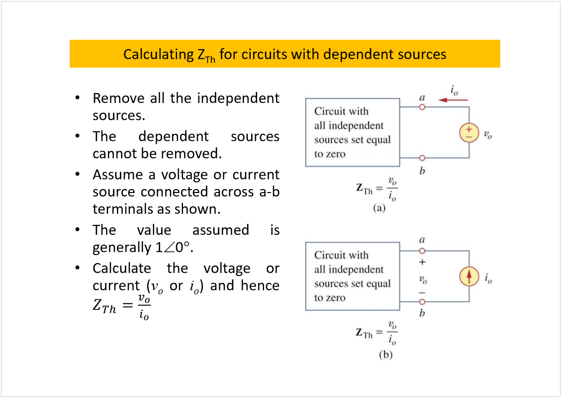 Machine generated alternative text:
Removealltheindependent
sources.
Thedependentsources
cannotberemoved.
Assumeavoltageorcurrent
sourceconnectedacrossa-b
terminalsasshown.
Thevalueassumedis
generally1
0
.
Calculatethevoltageor
current(
v
o
or
i
o
)andhence
28
Calculating Z
Th
for circuits with dependent sources
