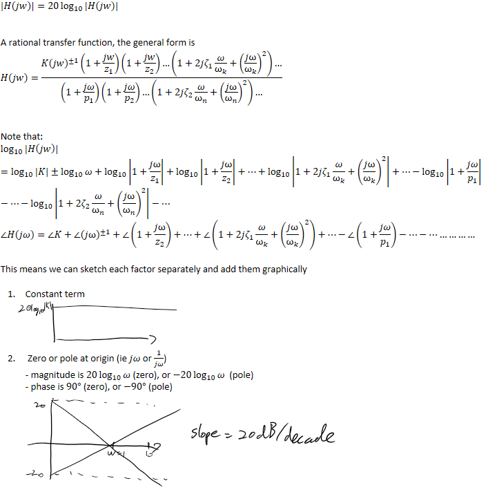 ﷐𝐻﷐𝑗𝑤﷯﷯=20﷐﷐log﷮10﷯﷮|𝐻﷐𝑗𝑤﷯|﷯


A rational transfer function, the general form is
𝐻﷐𝑗𝑤﷯=﷐𝐾﷐﷐𝑗𝑤﷯﷮±1﷯﷐1+﷐𝑗𝑤﷮﷐𝑧﷮1﷯﷯﷯﷐1+﷐𝑗𝑤﷮﷐𝑧﷮2﷯﷯﷯…﷐1+2𝑗﷐𝜁﷮1﷯﷐𝜔﷮﷐ω﷮𝑘﷯﷯+﷐﷐﷐𝑗ω﷮﷐ω﷮𝑘﷯﷯﷯﷮2﷯﷯…﷮﷐1+﷐𝑗𝜔﷮﷐𝑝﷮1﷯﷯﷯﷐1+﷐𝑗𝜔﷮﷐𝑝﷮2﷯﷯﷯…﷐1+2𝑗﷐𝜁﷮2﷯﷐𝜔﷮﷐ω﷮𝑛﷯﷯+﷐﷐﷐𝑗ω﷮﷐ω﷮𝑛﷯﷯﷯﷮2﷯﷯…﷯


Note that:
﷐﷐log﷮10﷯﷮|𝐻﷐𝑗𝑤﷯|﷯=﷐﷐log﷮10﷯﷮|𝐾|﷯±﷐﷐log﷮10﷯﷮𝜔﷯+﷐﷐log﷮10﷯﷮﷐1+﷐𝑗ω﷮﷐𝑧﷮1﷯﷯﷯﷯+﷐﷐log﷮10﷯﷮﷐1+﷐𝑗ω﷮﷐𝑧﷮2﷯﷯﷯﷯+…+﷐﷐log﷮10﷯﷮﷐1+2𝑗﷐𝜁﷮1﷯﷐𝜔﷮﷐ω﷮𝑘﷯﷯+﷐﷐﷐𝑗ω﷮﷐ω﷮𝑘﷯﷯﷯﷮2﷯﷯﷯+…−﷐﷐log﷮10﷯﷮﷐1+﷐𝑗𝜔﷮﷐𝑝﷮1﷯﷯﷯﷯−…−﷐﷐log﷮10﷯﷮﷐1+2﷐𝜁﷮2﷯﷐𝜔﷮﷐ω﷮𝑛﷯﷯+﷐﷐﷐𝑗ω﷮﷐ω﷮𝑛﷯﷯﷯﷮2﷯﷯﷯−…
∠𝐻﷐𝑗𝜔﷯=∠𝐾+∠﷐﷐𝑗ω﷯﷮±1﷯+∠﷐1+﷐𝑗ω﷮﷐𝑧﷮2﷯﷯﷯+…+∠﷐1+2𝑗﷐𝜁﷮1﷯﷐𝜔﷮﷐ω﷮𝑘﷯﷯+﷐﷐﷐𝑗ω﷮﷐ω﷮𝑘﷯﷯﷯﷮2﷯﷯+…−∠﷐1+﷐𝑗𝜔﷮﷐𝑝﷮1﷯﷯﷯−…−……………

This means we can sketch each factor separately and add them graphically
Constant term
 Zero or pole at origin (ie 𝑗𝜔 or ﷐1﷮𝑗𝜔﷯)- magnitude is 20﷐﷐log﷮10﷯﷮𝜔﷯ (zero), or −20﷐﷐log﷮10﷯﷮𝜔﷯  (pole)
- phase is 90° (zero), or −90° (pole)

Ink Drawings
Ink Drawings
Ink Drawings
Ink Drawings
Ink Drawings
Ink Drawings
￼
￼
￼
￼￼￼
￼￼￼￼￼￼￼￼￼￼
￼
￼￼￼￼￼￼￼￼￼￼￼￼￼￼￼￼￼￼￼￼￼￼
Ink Drawings
Ink Drawings
Ink Drawings
Ink Drawings
