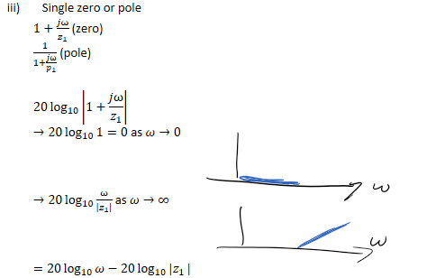    Single zero or pole 
1+﷐𝑗ω﷮﷐𝑧﷮1﷯﷯ (zero)
﷐1﷮1+﷐𝑗ω﷮﷐𝑝﷮1﷯﷯﷯ (pole)

20﷐﷐log﷮10﷯﷮﷐1+﷐𝑗ω﷮﷐𝑧﷮1﷯﷯﷯﷯
→20﷐﷐log﷮10﷯﷮1﷯=0 as 𝜔→0


→20﷐﷐log﷮10﷯﷮﷐ω﷮﷐﷐𝑧﷮1﷯﷯﷯﷯ as 𝜔→∞



=20﷐﷐log﷮10﷯﷮𝜔﷯−20﷐﷐log﷮10﷯﷮|﷐𝑧﷮1﷯﷯|

Ink Drawings
Ink Drawings
Ink Drawings
￼￼
￼
￼
