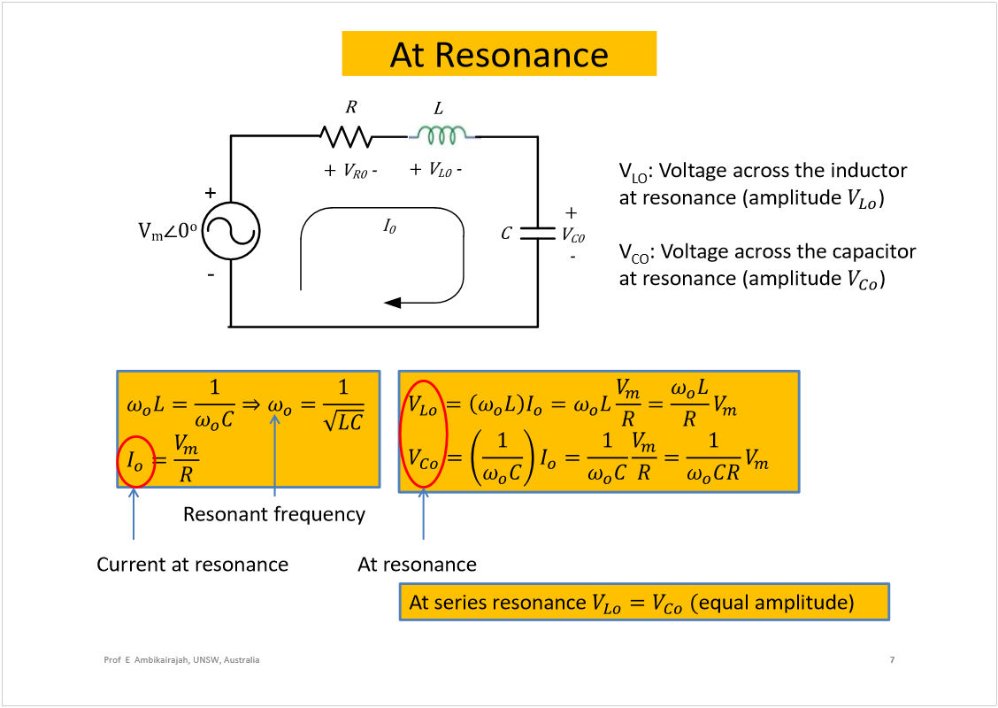 Machine generated alternative text:
At Resonance
7
Prof  E  Ambikairajah, UNSW, Australia
Current at resonance
At resonance
Atseriesresonance
equalamplitude)
Resonant frequency
V
LO
: Voltage across the inductor 
at resonance (amplitude 
)
V
CO
: Voltage across the capacitor 
at resonance (amplitude 
)
+
-
Ê
³
ð
±
õ 
õ
õ 
