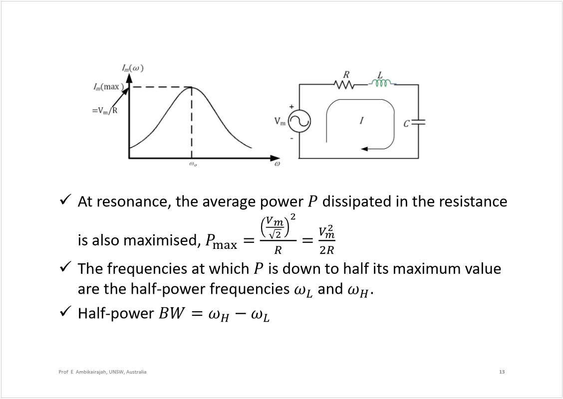 Machine generated alternative text:
At resonance, the average power 
dissipated in the resistance 
is also maximised, 
The frequencies at which 
is down to half its maximum value 
are the half-power frequencies 
and 
.
Half-power 
13
Prof  E  Ambikairajah, UNSW, Australia
