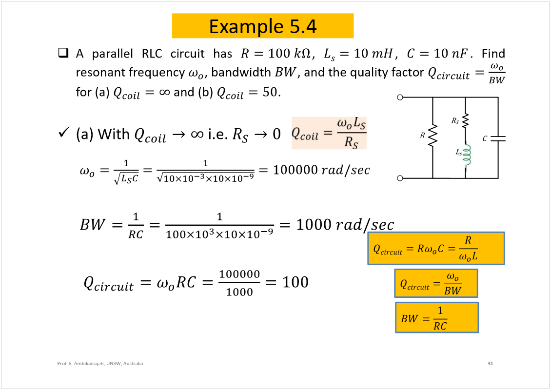 Machine generated alternative text:
Example 5.4
AparallelRLCcircuithas
,
,
.Find
resonantfrequency
,bandwidth
,andthequalityfactor
for(a)
and(b)
.
(a)With
i.e.
31
Prof  E  Ambikairajah, UNSW, Australia
