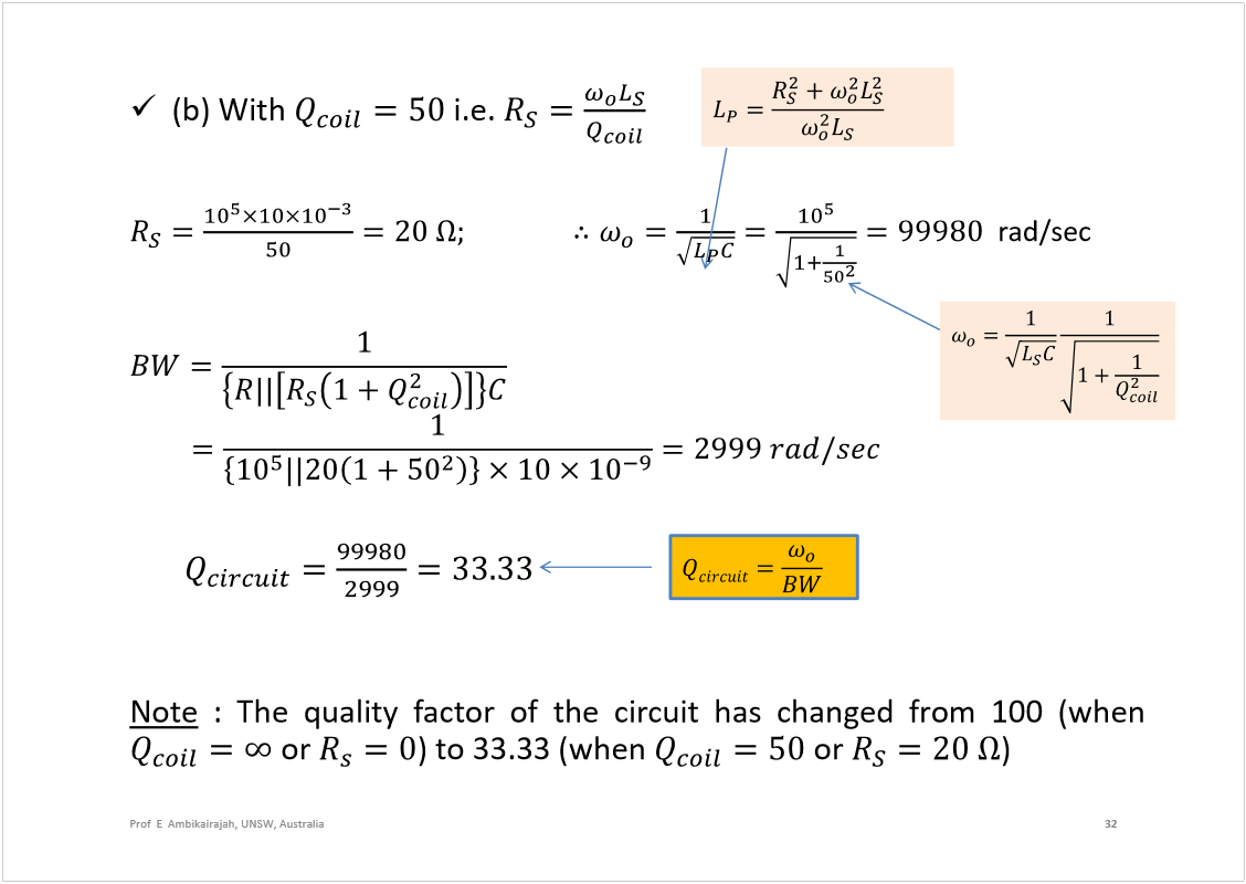 Machine generated alternative text:
(b)With
i.e.
rad/sec
Note
:Thequalityfactorofthecircuithaschangedfrom100(when
or
)to33.33(when
or
)
32
Prof  E  Ambikairajah, UNSW, Australia
