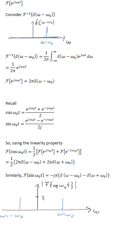ℱ﷐﷐𝑒﷮𝑗﷐ω﷮0﷯𝑡﷯﷯

Consider ﷐ℱ﷮−1﷯﷐𝛿﷐ω−﷐ω﷮0﷯﷯﷯






﷐ℱ﷮−1﷯﷐𝛿﷐ω−﷐ω﷮0﷯﷯﷯=﷐1﷮2𝜋﷯﷐−∞﷮∞﷮𝛿﷐ω−﷐ω﷮0﷯﷯﷐𝑒﷮𝑗𝜔𝑡﷯﷯𝑑𝜔
=﷐1﷮2𝜋﷯﷐𝑒﷮𝑗﷐ω﷮0﷯𝑡﷯

ℱ﷐﷐𝑒﷮𝑗﷐𝜔﷮0﷯𝑡﷯﷯=2𝜋𝛿(𝜔−﷐ω﷮0﷯)



Recall
﷐cos﷮﷐ω﷮0﷯𝑡﷯=﷐﷐𝑒﷮𝑗﷐ω﷮0﷯𝑡﷯+﷐𝑒﷮−𝑗﷐ω﷮0﷯𝑡﷯﷮2﷯
﷐sin﷮﷐ω﷮0﷯𝑡﷯=﷐﷐𝑒﷮𝑗﷐ω﷮0﷯𝑡﷯−﷐𝑒﷮−𝑗﷐ω﷮0﷯𝑡﷯﷮2𝑗﷯


So, using the linearity property
ℱ﷐﷐cos﷮﷐ω﷮0﷯𝑡﷯﷯=﷐1﷮2﷯﷐ℱ﷐﷐𝑒﷮𝑗﷐𝜔﷮0﷯𝑡﷯﷯+ℱ﷐﷐𝑒﷮−𝑗﷐𝜔﷮0﷯𝑡﷯﷯﷯
=﷐1﷮2﷯﷐2𝜋𝛿﷐ω−﷐ω﷮0﷯﷯+2𝜋𝛿﷐ω+﷐ω﷮0﷯﷯﷯

Similarly, ℱ﷐﷐sin﷮﷐ω﷮0﷯𝑡﷯﷯=−𝑗𝜋﷐𝛿 ﷐𝜔−﷐ω﷮0﷯﷯−𝛿﷐𝜔+﷐𝜔﷮0﷯﷯﷯










Ink Drawings
Ink Drawings
Ink Drawings
Ink Drawings
￼￼￼￼
￼
￼￼￼￼
￼
￼
￼￼￼￼￼￼￼￼
￼
￼￼￼￼￼
￼
￼
￼
￼
￼

