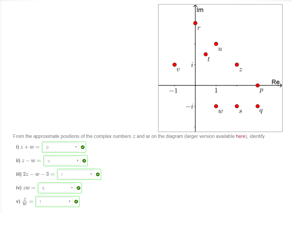 Machine generated alternative text:
From the approximate positions of the complex numbers z and w on the diagram (larger version available here), identify 
ii) z — w 
iii) 2z — w 
-3 
iv) zw 