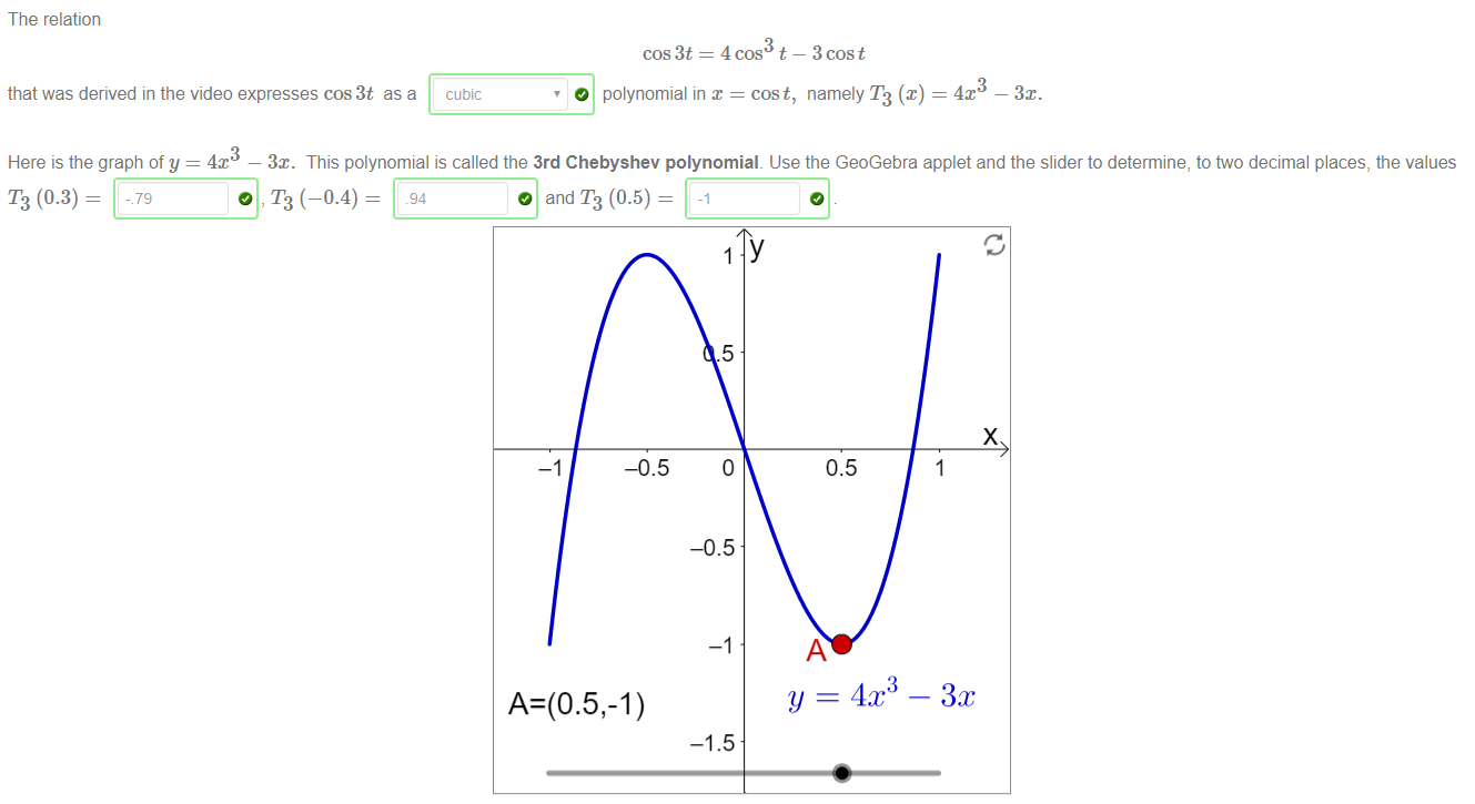The relation 
that was derived in the video expresses cos 3t as a cubic 
cos3t= 4cos t— 3cost 
O polynomial in x = cost, namely 173 @) = 4x — .3x. 
Here is the graph of y = 4x — 3x. This polynomial is called the 3rd Chebyshev polynomial. Use the GeoGebra applet and the slider to determine, to ftvo decimal places, the values 
T3 (0.3) — 
- 79 
5 
_0.5 
0.5 
x 
1 
— 3m 
-1.5 