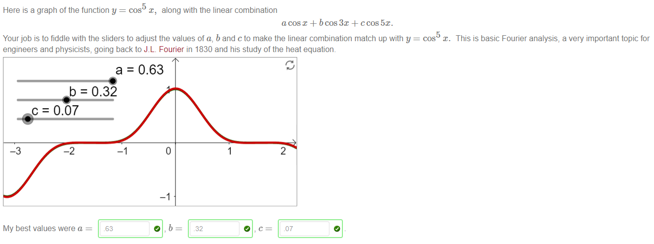 Machine generated alternative text:
Here is a graph of the function y = cos x, along with the linear combination 
acosx + bcos3x + ccos 5m. 
Your job is to fiddle with the sliders to adjust the values of a; b and c to make the linear combination match up with y 
engineers and physicists, going back to JL. Fourier in 1830 and his study of the heat equation. 
a = 0.63 
b=032 
cos x. 
This is basic Fourier analysis; a very important topic for 
—3 
c = 0.07 
-2 
2 
My best values were a 