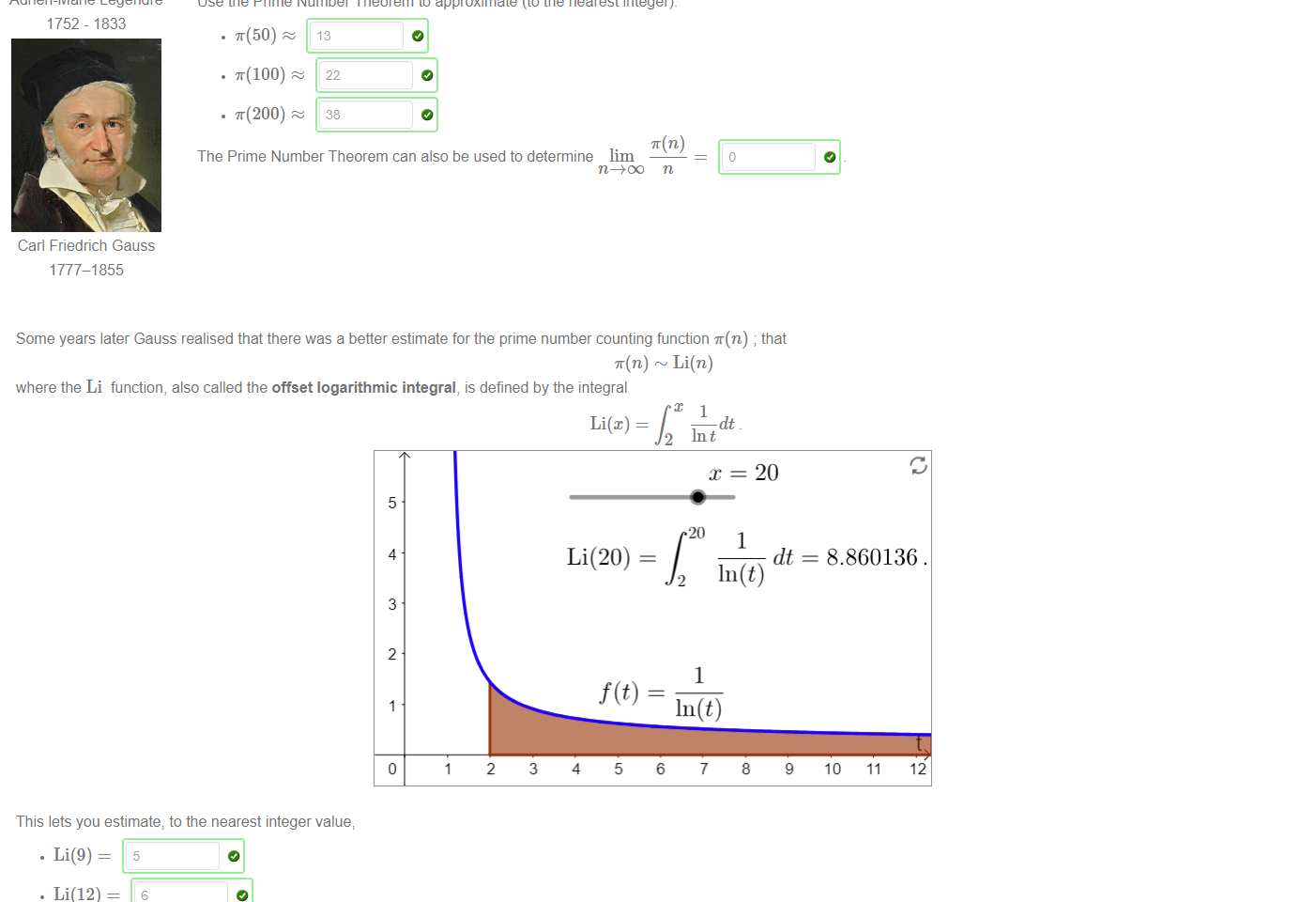 Untitled picture.png Machine generated alternative text:
In 1797 or 1798, 
meaning that 
A-M Legendre conjectured that if T(n) 
is the number of primes less than or equal to n , then 
In n 
—1 
Adrien-Marie Legendre 
1752 - 1833 
Carl Friedrich Gauss 
1777-1855 
This same conjecture was considered by a young (15 year old) Carl Friedrich Gauss several years earlier in 1792 
This became known as the Prime Number Theorem It would be another 40 years before the Li function was discovered to give a more accurate approximation 
Use the Prime Number Theorem to approximate (to the nearest integer): 
• T(50) 
13 
The Prime Number Theorem can also be used to determine lim 

Untitled picture.png Machine generated alternative text:
Some years later Gauss realised that there was a better estimate for the prime number counting function T(n) ; that 
T(n) Li(n) 
where the Li function, also called the offset logarithmic integral, is defined by the integral 
Li@) 
dt 
2 Int 
20 
5 
4 
3 
2 
This lets you estimate, to the nearest integer value; 
20 
Li(20) = 
2 
1 
f(t) 
1 
In(t) 
dt 8.860136 . 
2 
3 
4 
5 
6 
In(t) 
7 
8 
9 
10 
11 
12 
. Li(9) 
. Li(12) — 
. Li(20) — 
6 
9 
If fact, if we count the primes we see, 
. ff(9) — 
4 
. ff(12) = 
. ff(20) = 
Note: the Li function available in Maple is not the same as the offset logarithmic integral above. 
