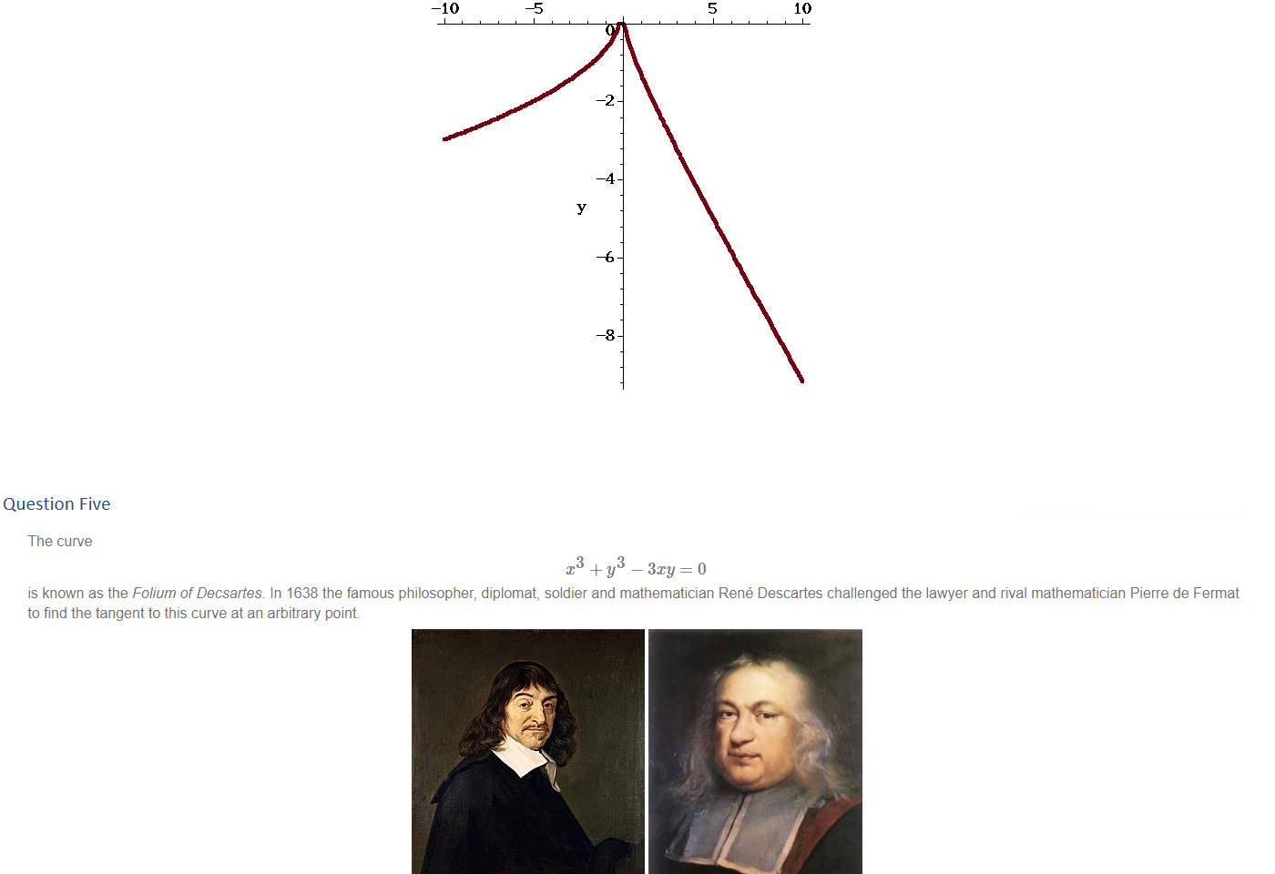 Untitled picture.png The curve defined by the relation 
has derivative 
At the point [O, O] the derivative is 
The graph of 4 xy 
dy 
+ lax + + 15 
0 can be seen below 


Question Five
Untitled picture.png The curve 
x +y —3xy = 0 
is known as the Folium of Decsartes In 1638 the famous philosopher, diplomat, soldier and mathematician René Descartes challenged the lawyer and rival mathematician Pierre de Fermat 
to find the tangent to this curve at an arbitrary point 
•a 
René Descartes (1596-1650) 
Pierre de Fermat (1601 - 1665) 
Fermat easily found the tangent; which is quite impressive since his method pre-dates Calculus by about 40 years' Now; about 400 years later we can find the tangent easily using implicit 
differentiation: 
dy 
dc 
Evaluated at the point [a, b] — 
[2/3, 4/3] the gradient is 
— du (2/3, 4/3) = 
dc 
The formula for the equation of the tangent at [a, b] with gradient m is: 
At the point [a, b] — 
[2/3, 4/3], this can be rewritten as 
y 
4X/5 + 4/5 
