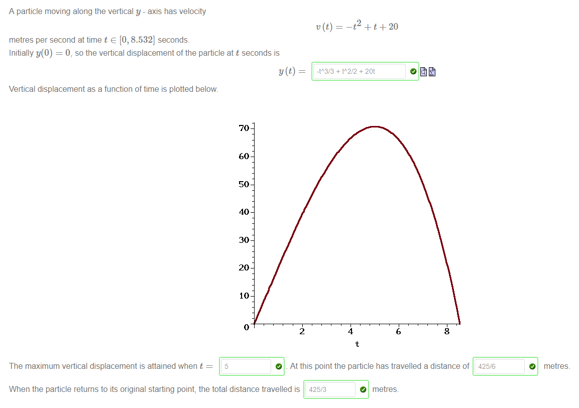 Machine generated alternative text:
A particle moving along the vertical y - axis has velocity 
metres per second at time t e [0, 8.532] seconds. 
Initially y(O) = O; so the vertical displacement of the particle at t seconds is 
Vertical displacement as a function of time is plotted below. 
70 
60 
50 
30 
20 
10 
—P t 20 
EYEÜ:::::] 
2 
4 
6 
8 
The maximum vertical displacement is attained when t 
O At this point the particle has travelled a distance of 
425/6 
O 
metres_ 
When the particle returns to its original starting point, the total distance travelled is 425/3 
O metres. 