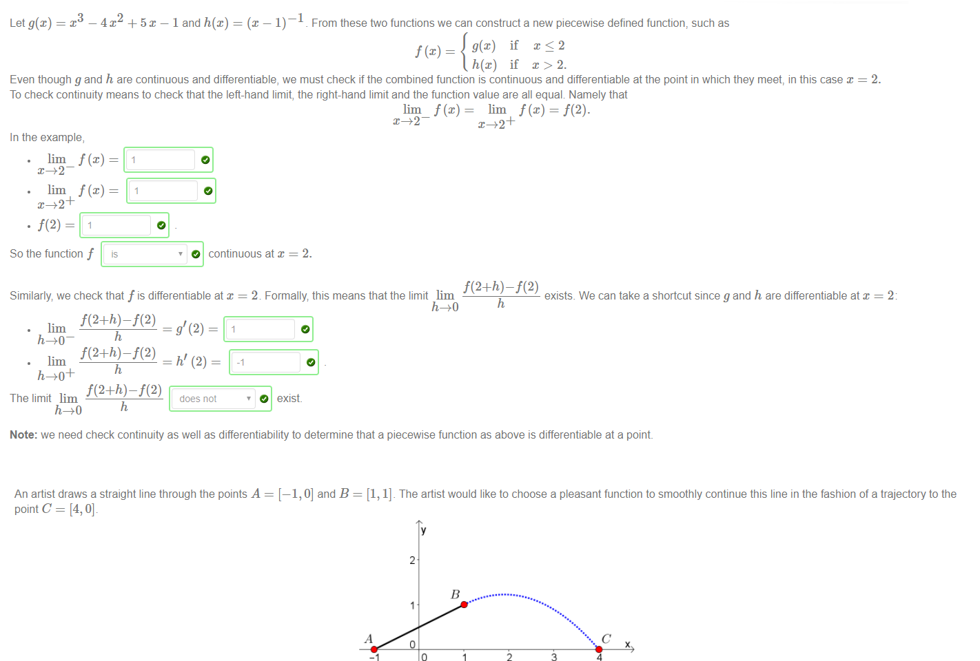 Untitled picture.png Machine generated alternative text:
Let g(x) 
—1 
—4x +5m — 1 and h@) 
From these two functions we can construct a new piecewise defined function, such as 
g(x) if x S 2 
f@) 
h(x) if x > 2. 
Even though g and h are continuous and differentiable, we must check if the combined function is continuous and differentiable at the point in which they meet, in this case x 
To check continuity means to check that the left-hand limit, the right-hand limit and the function value are all equal Namely that 
lim f (x) = lim = f(2). 
In the example, 
lim_ f@) 
lim f (ET) = 
So the function f 
O continuous at x = 2. 
Similarly we check that f is differentiable at x = 2. Formally this means that the limit lim 
exists. We can take a shortcut since g and h are differentiable at x 
The limit lim 
h 
does not 
O exist. 
Note: we need check continuity as well as differentiability to determine that a piecewise function as above is differentiable at a point. 

Untitled picture.png Machine generated alternative text:
An artist draws a straight line through the points A 
point C = [4, 0]. 
You advise a function of the form 
The function should satisfy the conditions: 
and the differential condition 
05 
= 0] and B 
[1, 1]. The artist would like to choose a pleasant function to smoothly continue this line in the fashion of a trajectory to the 
2 
f@) 
2 
3 
ax2 + + c. 
These conditions uniquely determine the coefficients as 
-2.5/9 
19/18 
