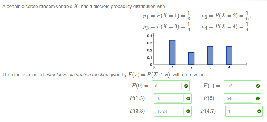 Machine generated alternative text:
A certain discrete random variable X has a discrete probability distribution with 
PI = = 1) — 
0.3 
0.2 
0.1 
0 
1 
1 
1 
1 
4 
Then the associated cumulative distribution function given by F@) = P(X < x) will return values 
F(3.3) = 