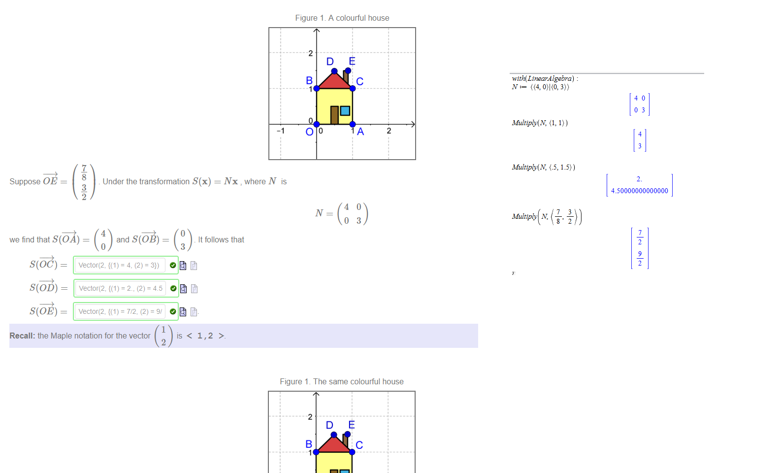 Untitled picture.png Machine generated alternative text:
Figure 1. A colourful house 
-2 
c 
A 
2 
Suppose OE 
7 
8 
Under the transformation S(x) 
3 
2 
Nx where N is 
(t) and = 
we find that S(OA) 
It follows that 
S(öö) = 
S(OE) - 
vectoræ, = 7/2, (2) = 9' 
1 
Recall: the Maple notation for the vector 
is < 1,2 
2 

Untitled picture.png Machine generated alternative text:
Figure 1. The same colourful house 
-2 
2 
Suppose OE 
we find that T(OA) 
7 
8 
3 
2 
Under the transformation T(x) 
Mx , where M is 
2 
-1 
c 
A 
4 
2 
and T(OB) 
-1 
4 
T(OC) — 
T(OD) — 
T(OE) — 
vectoræ, = 2, (2) = 3}) 
Vector(2, = 7/4, (2) = 
1 
Recall: the Maple notation for the vector 
2 
Untitled picture.png Machine generated alternative text:
with(LtnearÅ lgebra) 
03 
Multiply(N, (1, 1)) 
4 
Multiply(N, 1.5)) 
Multiply N, 
2. 
450000000000000 
2 
9 
2 
