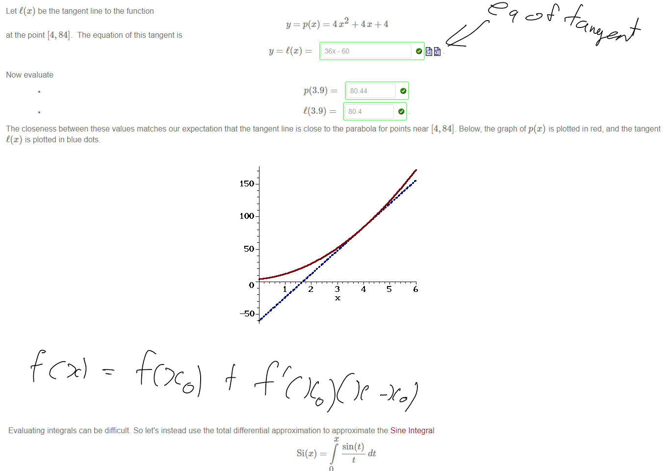 Untitled picture.png Machine generated alternative text:
Let t(x) be the tangent line to the function 
at the point [4, 84]. The equation of this tangent is 
Now evaluate 
1 
p(3.9) — 
1(3.9) 
80.44 
The closeness between these values matches our expectation that the tangent line is close to the parabola for points near [4, 84]_ Below; the graph of p@) is plotted in red, and the tangent 
t(x) is plotted in blue dots. 
150 
100 
50 
2 
3 
4 
5 
6 







Untitled picture.png Machine generated alternative text:
Si(x) — 
near the point A = [5, Si(5)] 
[5, 1.550] 
The differential approximation to Si near 5 is given by the formula 
Si(x) 1.550 + 
Since Si' (5) 
, we have the linear approximation to Si@) near x = 5. 
Evaluating integrals can be difficult. So let's instead use the total differential approximation to approximate the Sine Integral 
t: 1.5 
sin (t) 
dt 
t 
• Use the linear approximation to evaluate (to 3 decimal places) 
Si(4.9) 
1.569 
• Use the plot below (drag the slider to the appropriate value) to evaluate (to 3 decimal places) 
1.57 
Si(4.9) 
sin 
fix 
1.325 
￼￼￼￼
￼
￼
￼￼￼￼￼￼
