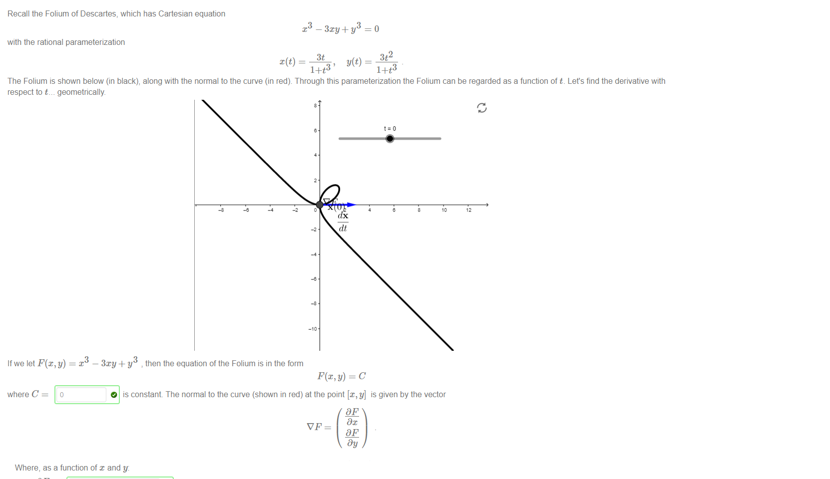 Untitled picture.png Machine generated alternative text:
Recall the Folium of Descartes, which has Cartesian equation 
3 
— 34 + y 
—o 
with the rational parameterization 
x(t) — 
y(t) — 
1+t3 ' 
3t2 
1+t3 
The Folium is shown below (in black), along with the normal to the curve (in red) Through this parameterization the Folium can be regarded as a function oft. Let's find the derivative with 
respect to geometncally_ 
Ifwe let 
where C 
x 
.3xy+ y then the equation of the Folium is in the form 
O is constant The normal to the curve (shown in red) at the point [x,y] is given by the vector 
Dc 
Dy 

Untitled picture.png Machine generated alternative text:
Where, as a function of x and y: 
3Xh2 - 3Y 
Dc 
3Yh2 - 3X 
Dy 
We can think of the parameter t 
Where, as a function of t: 
dc 
dy 
dt 
as time; velocity (shown in blue) is the vector 
dt 
dc 
dy 
dt 
Geometrically the chain rule states that the derivative is the dot product: 
Of course, it's easy to see that this quantity equals zero since 
the normal and velocity vectors are perpendicular 
the function F(x, y) equals a constant; so the derivative must be zero 
