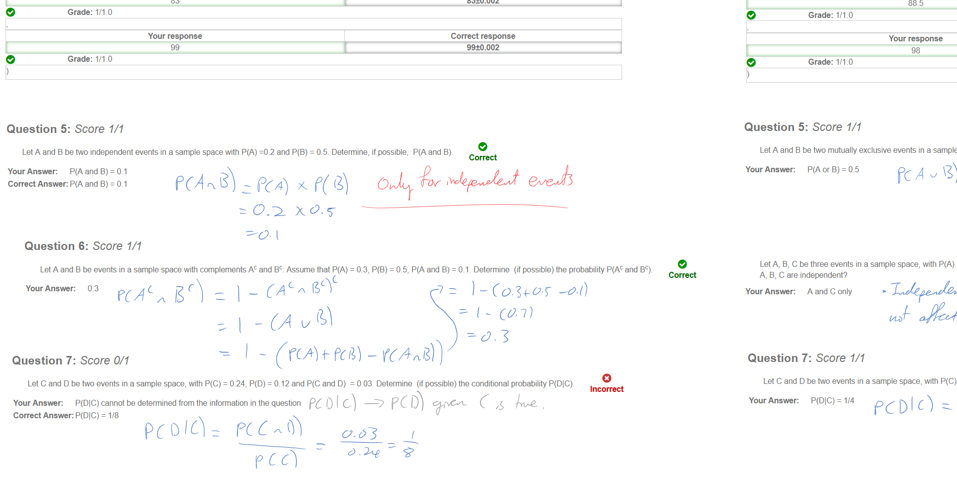 Untitled picture.png Use Matlab to determine the five number summary of the following sample data 
[22, 75, 41, 25, 74, 90, 35, 41, 73, 17, 77, 79, 83, 53, 26, 32, 98, 53, 96, 80, 25, 17, 32, 94, 32, 62, 59, 95, 50, 79, 83, 19, 86, 90, 99, 90, 21, 64, 74, 29] 
e 
e 
e 
e 
e 
Your response 
17 
Grade: 1/1.0 
Your response 
32 
Grade: 1/1.0 
Your response 
63 
Grade: 1/1.0 
Your response 
83 
Grade: 1/1.0 
Your response 
99 
Grade: 1/1.0 
Correct response 
17±0.002 
Correct response 
32±0.002 
Correct response 
63±0.002 
Correct response 
83±0.002 
Correct response 
99±0.002 




Untitled picture.png Question 5: Score 1/1 
Let A and B be two independent events in a sample space with P(A) and P(B) = 06. Determine, if possible, 
Your Answer: P(A and B) = 0.1 
Correct Answer: P(A and B) = 0.1 
e 
and B). 
Correct 





Untitled picture.png Question 6: Score 1/1 
Let A and B be events in a sample space with complements AC and BC Assume that P(A) 
Your Answer: 0.3 
= 0.3, P(B) = and B) 
e 
= Determine (if possible) the probability P(AC and BC). 
Correct 






Untitled picture.png Question 7: Score 0/1 
Let C and D be two events in a sample space, with P(C) = 0.24, P(D) = 0.12 and P(C and D) 
Your Answer: P(DIC) cannot be determined from the information in the question 
Correct Answer: P(DIC) = 1/8 
= 003. Determine (if possible) the conditional probability P(DIC). 
Incorrect 







Untitled picture.png Use Matlab to determine the five number summary of the following sample data 
[54, 70, 95, 53, 16, 50, 61 v 85, 21, 98, 88, 39, 87, 89, 8, 82, 48, 34, 84, 94 54, 92, 75, 95, 42, 88, 94 29, 27, 89, 97, 53, 96, 4 12, 22, 11, 2, 9, 11] 
e 
e 
e 
e 
e 
Your response 
2 
Grade: 1/1.0 
Your response 
24.5 
Grade: 1/1.0 
Your response 
54 
Grade: 1/1.0 
Your response 
88.5 
Grade: 1/1.0 
Your response 
98 
Grade: 1/1.0 
Correct response 
2±0.002 
Correct response 
u5±o.002 
Correct response 
54±0.002 
Correct response 
88.5±0.002 
Correct response 
98±0.002 
Untitled picture.png Question 5: Score 1/1 
Let A and B be two mutually exclusive events in a sample space with P(A) 
Your Answer: P(A or B) = 0.5 
= 0.2 and P(B) 
= 0.3. Determine, if possible, P(A or B). 
Correct 
Untitled picture.png Let A, B, C be three events in a sample space 
A, B, C are independent? 
Your Answer: A and C only 
with P(A) 
= 08, and P(A and B) 
= 0.025, and C) = 0.03 and and C) -0.023. 
Which pair of the events 
Correct 
Untitled picture.png Question 7: Score 1/1 
Let C and D be two events in a sample space, with P(C) 
Your Answer: P(DIC) = 1/4 
= 0.12, P(D) = 0_36 and and D) 
e 
= 003. Determine (if possible) the conditional probability P(DIC). 
Correct 
Ink Drawings
Ink Drawings
￼￼￼
￼
￼￼￼
￼￼￼￼￼￼￼￼￼￼￼￼￼￼￼
￼
￼
￼
￼￼￼￼￼￼￼
￼￼￼￼￼￼￼￼￼￼
￼
￼￼￼￼￼￼￼￼￼
￼
￼
Ink Drawings
Ink Drawings
Ink Drawings
Ink Drawings
Ink Drawings
￼￼￼
￼￼￼￼￼￼￼
￼￼￼￼￼
￼￼￼￼￼
Ink Drawings
Ink Drawings
Ink Drawings
￼￼￼￼￼￼￼
￼￼￼
￼
￼￼￼￼￼￼￼￼￼￼￼￼￼￼￼￼￼￼￼￼
￼
