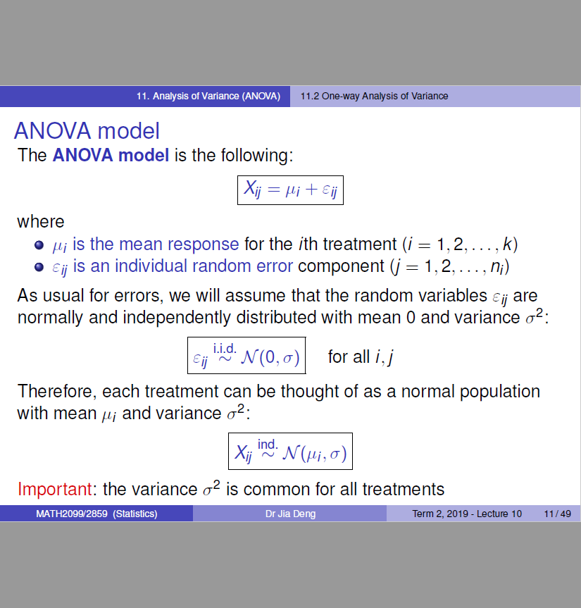 11.2 
1 1 Analysis o' (ANOv'A) 
ANOVA model 
The ANOVA model is the following: 
Xij C i) 
where 
sis ot Variarre 
is the mean response for the ith treatment (i = 1 2 
Cij is an individual random error component (j = 1,2 
As usual for errors, we will assume that the random variables Cij are 
normally and independently distributed with mean 0 and variance 02: 
Cij N (O, a) 
for all 
Therefore, each treatment can be thought of as a normal population 
with mean and variance 02: 
XO NOG, a) 
Important: the variance "2 is common for all treatments 
MATH20gg2859 (Statistics) 
Dr Jia 