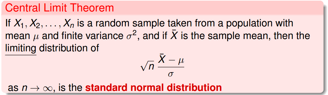 Machine generated alternative text:
Central Limit Theorem 
, , ... is a random sample taken from a population with 
mean and finite variance 02, and if R is the sample mean, then the 
limiting distribution of 
as n + 00, is the standard normal distribution 