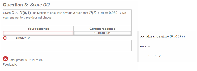 Untitled picture.png Question 3: Score 0/2 
Given Z N(O, I) use Matlab to calculate a value c such that > c) = 0.059. Give 
ur answer to three decimal places. 
Your response 
Grade: 0/10 
o 
Total grade: 0.0*1/1 = 
Feedback 
Correct response 
1.563±0.001 
Untitled picture.png abs ) 
1.5632 
