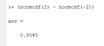(normcdf (2) 
ans 
o. 9545 
normcdf (—2) ) 