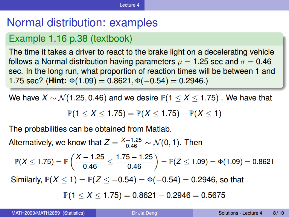 Machine generated alternative text:
Lecture 4 
Normal distribution: examples 
Example 1.16 p.38 (textbook) 
The time it takes a driver to react to the brake light on a decelerating vehicle 
follows a Normal distribution having parameters = 1.25 sec and a = 0.46 
sec. In the long run, what proportion of reaction times will be between 1 and 
1.75 sec? (Hint: = 0.8621 , = 0.2946.) 
We have X N (1.25, 0.46) and we desire P(l X 1.75) . We have that 
f X S 1.75) = 1.75) - 1) 
The probabilities can be obtained from Matlab. 
.25 
JV(O, 1). Then 
Alternatively, we know that Z 
0.46 
x- 1.25 1.75- 1.25 
1.75) = P 
— IP(Z 1.09) — 0.8621 
Similarly, 1) = -0.54) = = 0.2946, so that 
f X S 1.75) = 0.8621 - 0.2946 = 0.5675 
MATH2099/MATH2859 (Statistics) 
Dr Jia Deng 
Solutions - Lecture 4 
8/10 