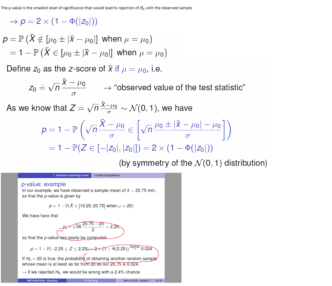 
The p-value is the smallest level of significance that would lead to rejection of ﷐𝐻﷮0﷯ with the observed sample

Untitled picture.png Machine generated alternative text:

P - 2 X ( 1 - $ 120 1 ) ) 

Untitled picture.png Machine generated alternative text:
p = P (X [Ito ± IR — "01] when 110) 
= 1 —P (X e [go ± IR — [tol] when "o) 
Untitled picture.png Machine generated alternative text:
Define zo as the z-score of R if kto, i.e. 
"observed value of the test statistic" 
X-"0 JV(0 1), we have 
As we know that Z 
p=1-P n 
= 1 —P(Z e [—141, Izol]) (1 — 
(by symmetry of the M (0 1) distribution) 

Untitled picture.png Machine generated alternative text:
7. Inferences concerning a mean 
p-value: example 
7.8 Tests of Hypotheses 
In our example, we have observed a sample mean of R 20.75 min, 
so that the p-value is given by 
p - 1 -P(X e [19.25,20.75] when 20) 
We have here that 
20.75 - 20 
36 
2.25 
2 
so that the p-value can easily be computed: 
Matlab 
p -1 -P(-2.25 S Z S 2.25) = 2 x (1 - Ø(2.25)) 
0.024 
If Ho 20 is true, the probability of obtaining another random sample 
whose mean is at least as far from 20 as our 20.75 is 0.024. 
if we rejected Ho, we would be wrong with a 2.4% chance 
MATH2099/2859 (Statistics) 
Dr Jia Deng 
Term 2, 2019 - Lecture 7 
24/53 

Ink Drawings
Ink Drawings
