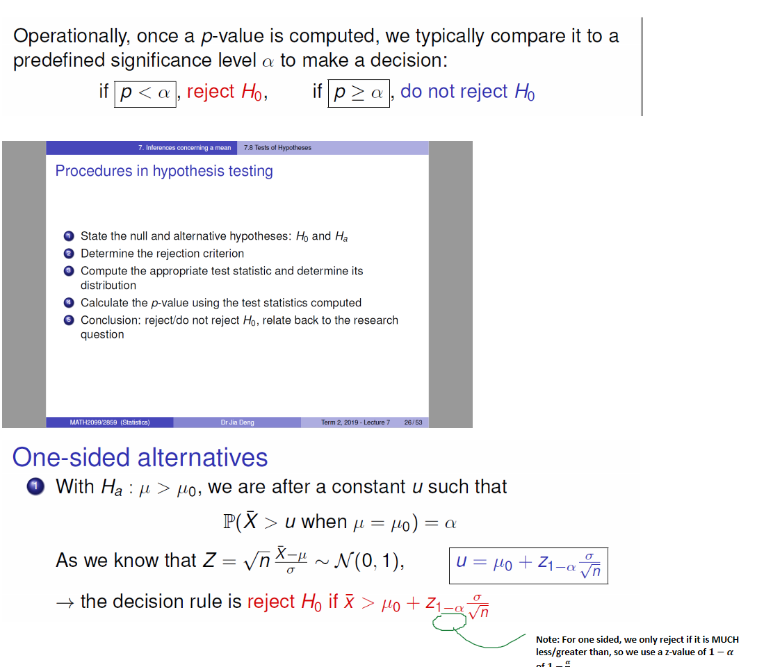 

Untitled picture.png Machine generated alternative text:
Operationally, once a p-value is computed, we typically compare it to a 
predefined significance level to make a decision: 
if p < a , reject Ho, 
if p 2 a , do not reject Ho 


Untitled picture.png Machine generated alternative text:
7. Inferences concerning a mean 
7.8 Tests of Hypotheses 
Procedures in hypothesis testing 
O State the null and alternative hypotheses: Ho and Ha 
O Determine the rejection criterion 
O Compute the appropriate test statistic and determine its 
distribution 
O Calculate the p-value using the test statistics computed 
O Conclusion: reject/do not reject Ho, relate back to the research 
question 
MATH2099/2859 (Statistics) 
Dr Jia Deng 
Term 2, 
2019 
- Lecture 7 
26/53 

Untitled picture.png Machine generated alternative text:
One-sided alternatives 
O With Ha : > go, we are after a constant u such that 
> u when 
As we know that Z n M (0 1), 
+ the decision rule is reject Ho if R > + Zl_a— 




Ink Drawings
￼
Note: For one sided, we only reject if it is MUCH less/greater than, so we use a z-value of 𝟏−𝜶 instead of 𝟏−﷐𝜶﷮𝟐﷯
