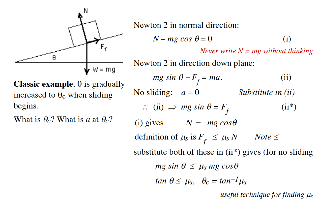Machine generated alternative text:
Newton 2 in normal direction: 
N — mg cos 0 
Never write N = mg without thinking 
Newton 2 in direction down plane: 
8 
W = mg 
Classic example. 0 is gradually 
increased to Oc when sliding 
begins. 
What is oc? What is a at oc? 
mg sin 0 —F = ma. 
No sliding: a = 0 
(ii) mg sin 0 = F 
(i) gives 
N = mg cos0 
definition of us is F S us N 
(ii) 
Substitute in (ii) 
(ii*) 
Note S 
substitute both of these in (ii*) gives (for no sliding 
mg sin 0 S us mg cos0 
tan 0 S us, Oc = tan— us 
useful technique for finding 