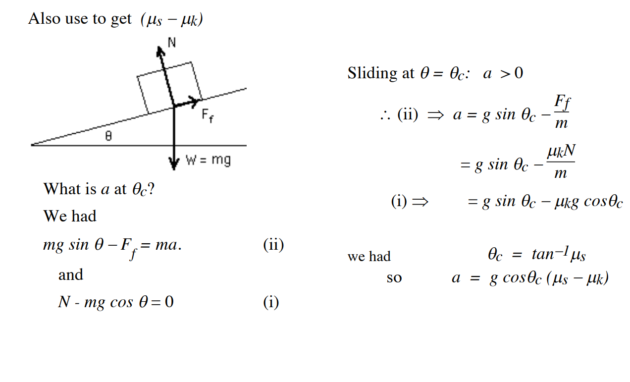 Machine generated alternative text:
Also use to get (Us — '1k) 
8 
W = mg 
What is a at Oc? 
we had 
mg sin 0 —F = ma. 
and 
N - mg cos 0 = 0 
(ii) 
(i) 
Sliding at 0 = 
we had 
so 
a = g sin Oc 
= g sin Oc 
= g sin Oc 
m 
m 
— 'lk,g cosOc 
a 
— tan— 
= g cos0c (PIs —Llk) 