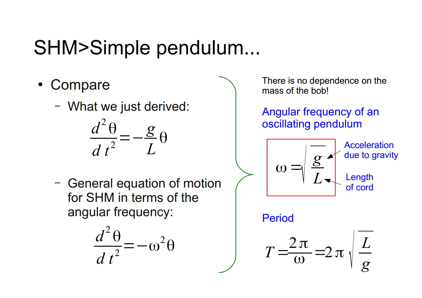 Machine generated alternative text:
SHM>Simple pendulum... 
• Compare 
What we just derived: 
General equation of motion 
for SHM in terms of the 
angular frequency: 
d20 
There is no dependence on the 
mass of the bob! 
Angular frequency of an 
oscillating pendulum 
Acceleration 
due to gravity 
Length 
of cord 
Period 