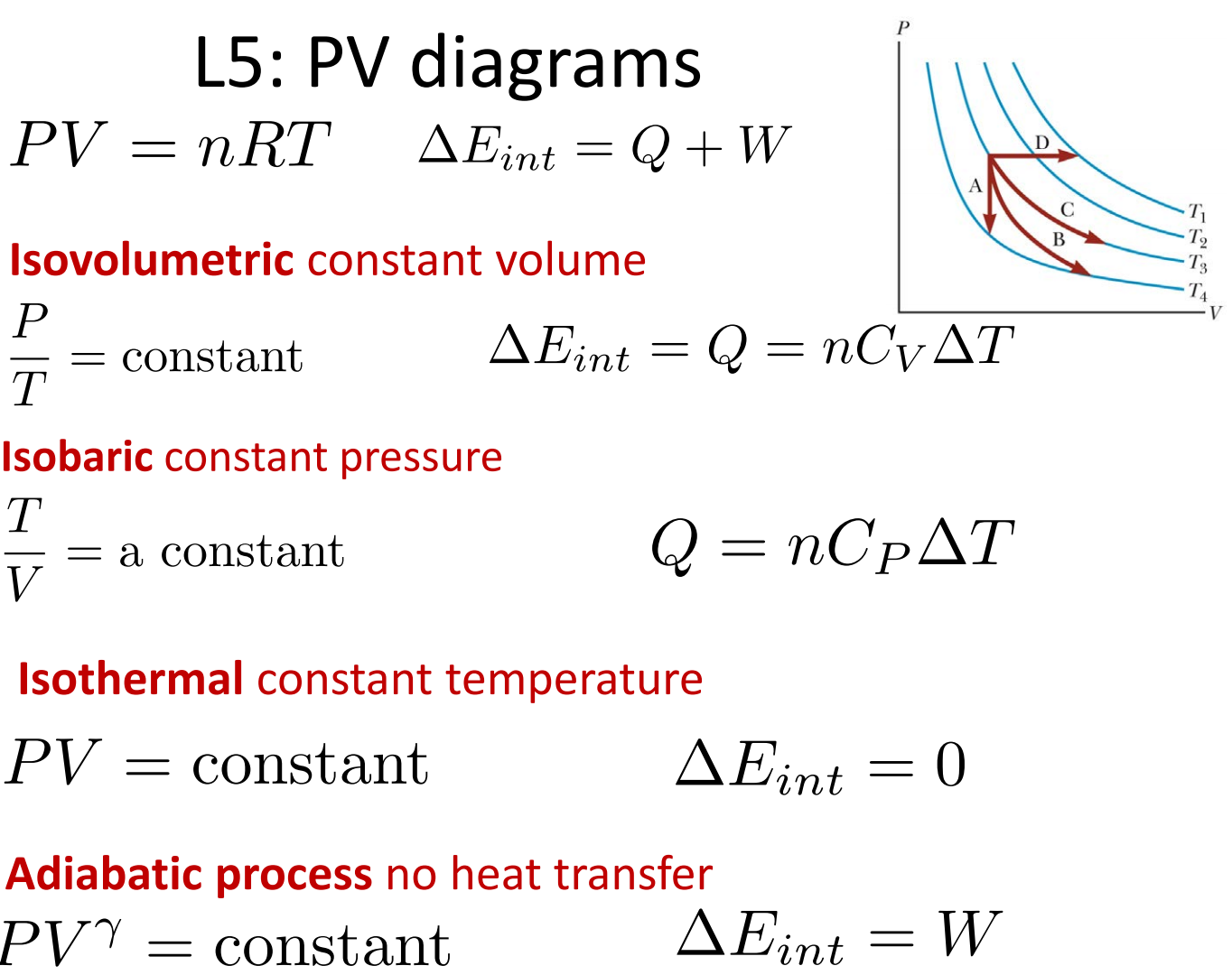 Machine generated alternative text:
L5: PV diagrams 
PV = nRT A Eint Q + W 
Isovolumetric constant volume 
constant 
AEint — Q nCvAT 
Isobaric constant pressure 
a constant 
Q = nCpAT 
Isothermal constant temperature 
PV = constant 
AEtnt 
Adiabatic process no heat transfer 
P VI = constant 