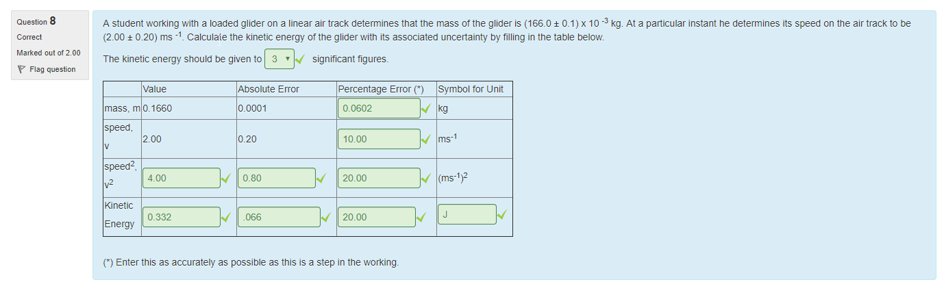 Machine generated alternative text:
Question 8 
Correct 
Marked out of 2 00 
Flag question 
A student working with a loaded glider on a linear air track determines that the mass ottne glider is (166.0 ± 0.1) x 10 -3 kg. At a paäicular instant ne determines its speed on the air track to be 
(2.00 ± 0.20) ms -1. Calculate the kinetic energy ottne glider witn its associated unceäainty by filling in the table below. 
The kinetic energy should be given to 3 
significant tigures_ 
Value 
mass, m 0.1660 
speed, 
200 
speed2 
4.00 
Kinetic 
0_332 
Energy 
Absolute Error 
0.0001 
0.20 
0_80 
Percentage Error C) 
0_0602 
10.00 
20.00 
20.00 
Symbol tor unit 
kg 
(ms-1)2 
C) Enter this as accurately as possible as this is a step in the working. 