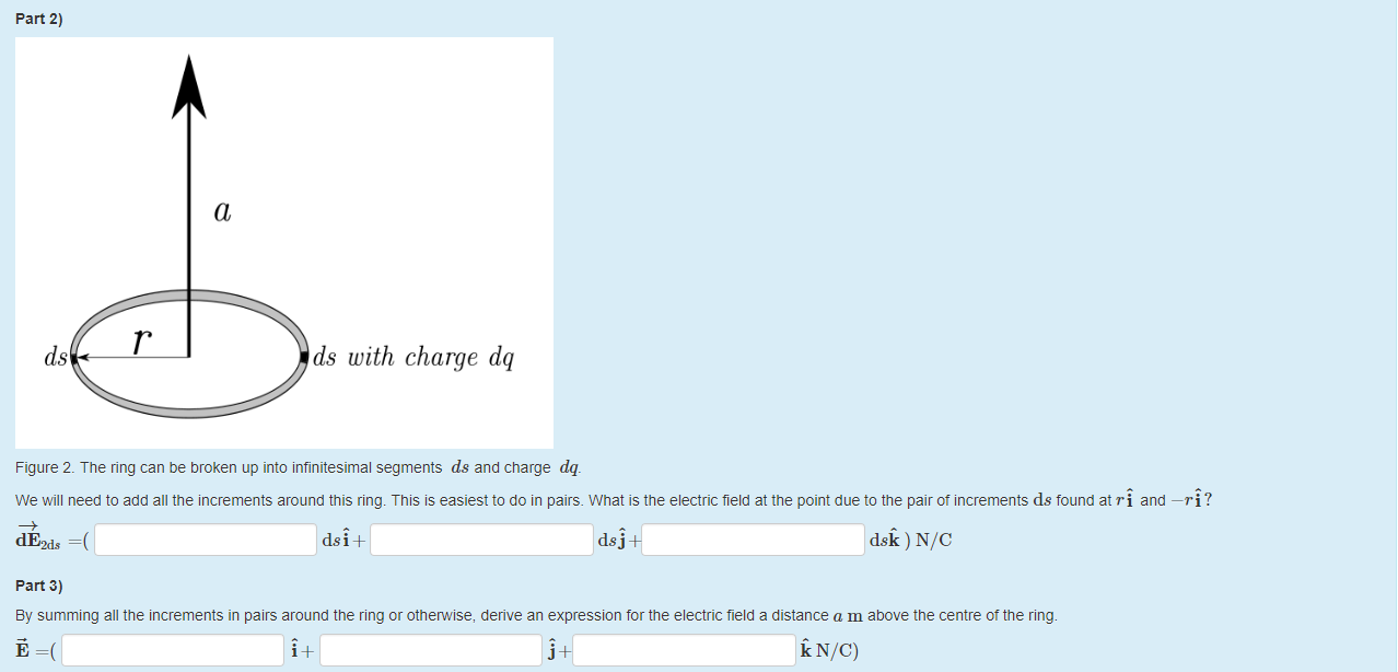Machine generated alternative text:
part 2) 
a 
ds 
ds with charge dq 
Figure 2. The ring can be broken up into infinitesimal segments ds and charge dq 
We will need to add all the increments around this ring. This is easiest to do in pairs. What is the electric field at the point due to the pair ot increments ds found at ri and 
dE2ds 
part 3) 
dsi+ 
ay summing all the increments in pairs around the ring or othenvise, derive an expression for the electric field a distance a m above the centre ot the ring. 
+1 
j 